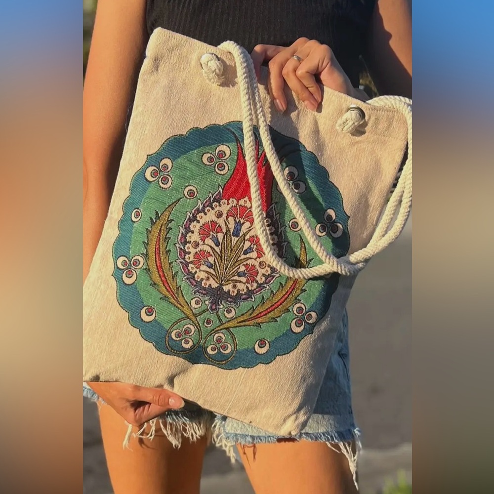 NWT Embroidered Canvas Boho Bohemian Tote Bag - Cream and Multicolor! - Picture 4 of 6